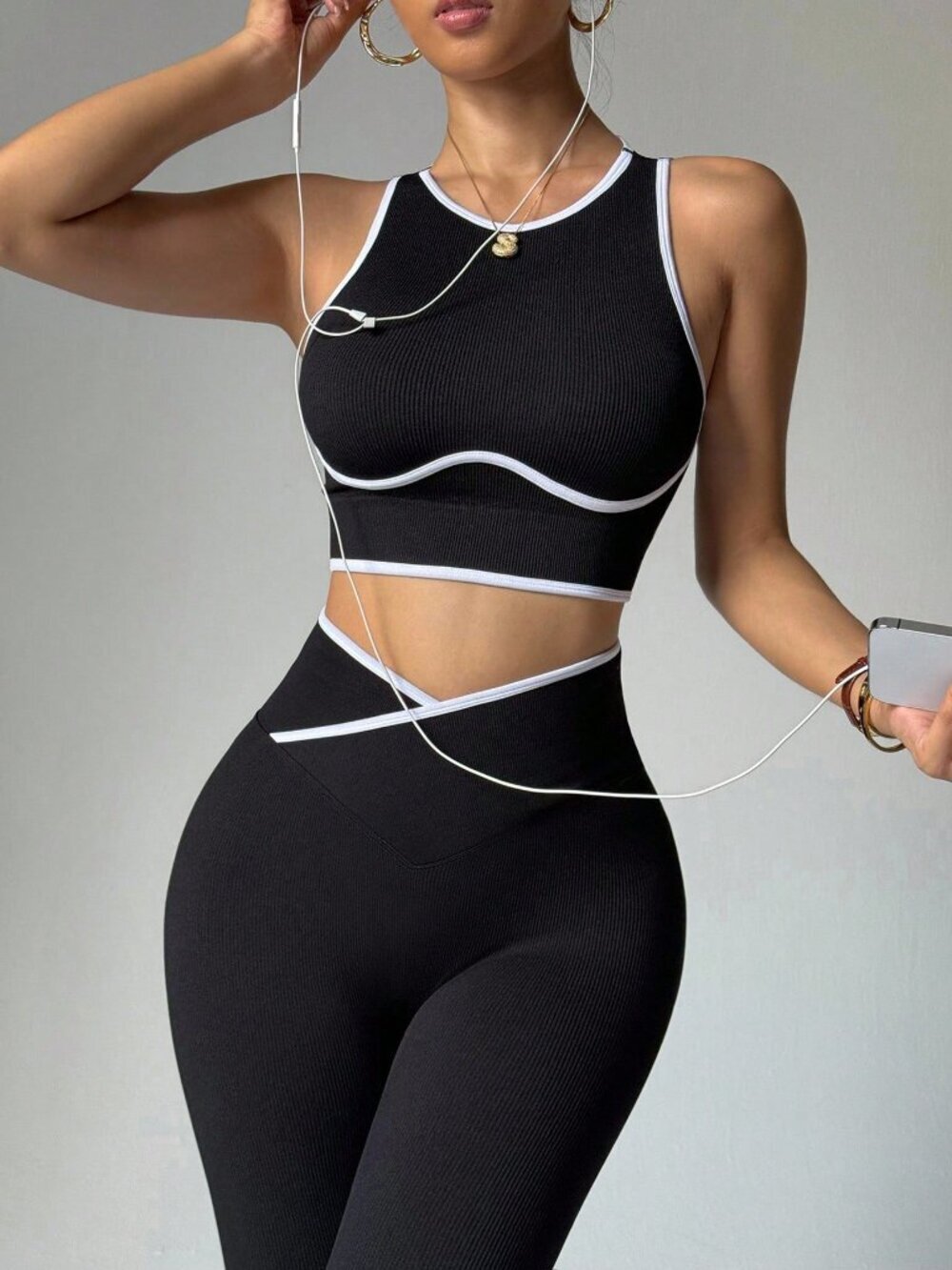 Black Cropped Women's Sports Suit with Tank Top & Asymmetric Waist Leggings - Picture 4 of 4